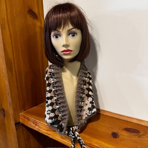 Hand Knit / Crochet Granny Style Hoodie with ties & faux fur pom pom for winte - Picture 7 of 10